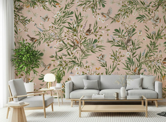 Robin's Bloom Wall Mural as a feature wall in a dining area with wooden chairs., GD6287