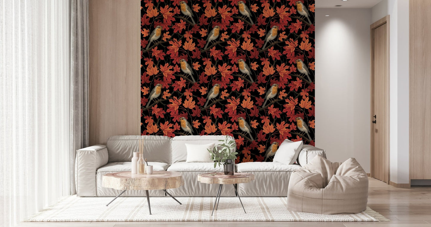 Bold contrast wallpaper for walls using the Robins in maple tree on black Wallpaper.