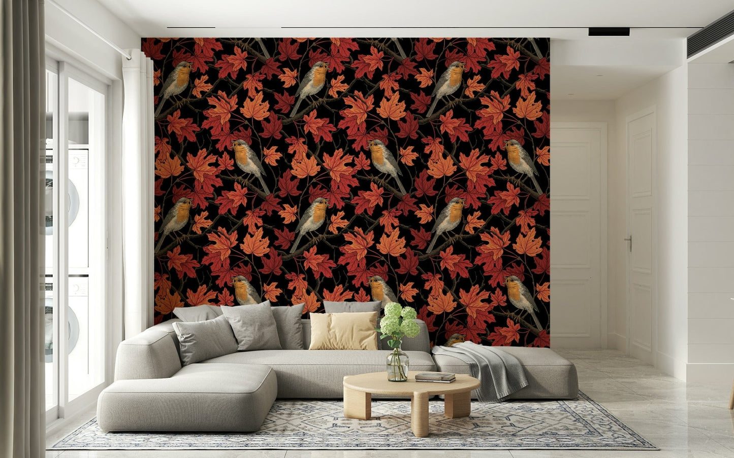 Detailed robin illustration on the Robins in maple tree on black Wallpaper mural.