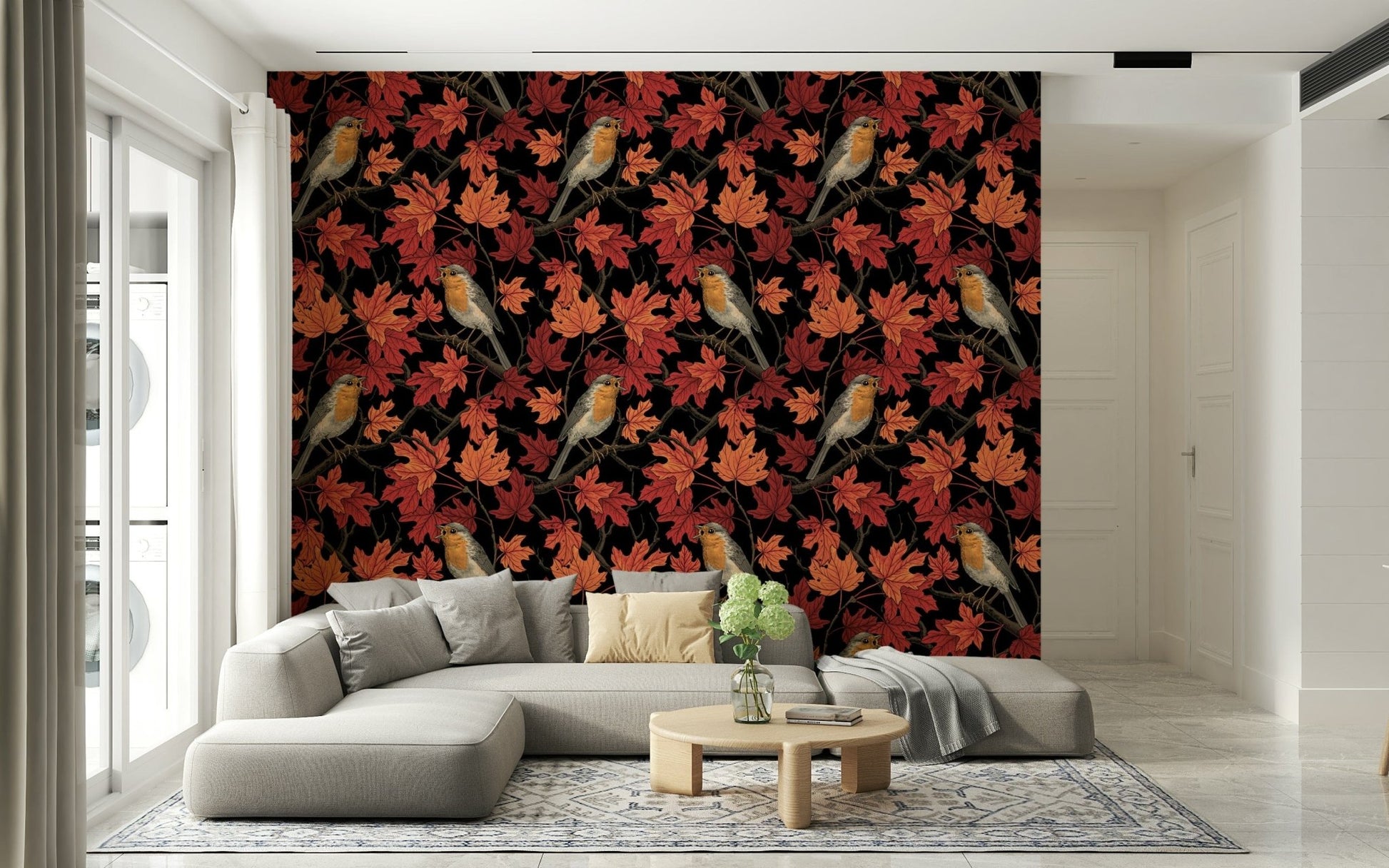 Detailed robin illustration on the Robins in maple tree on black Wallpaper mural.