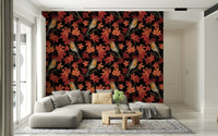 Detailed robin illustration on the Robins in maple tree on black Wallpaper mural.