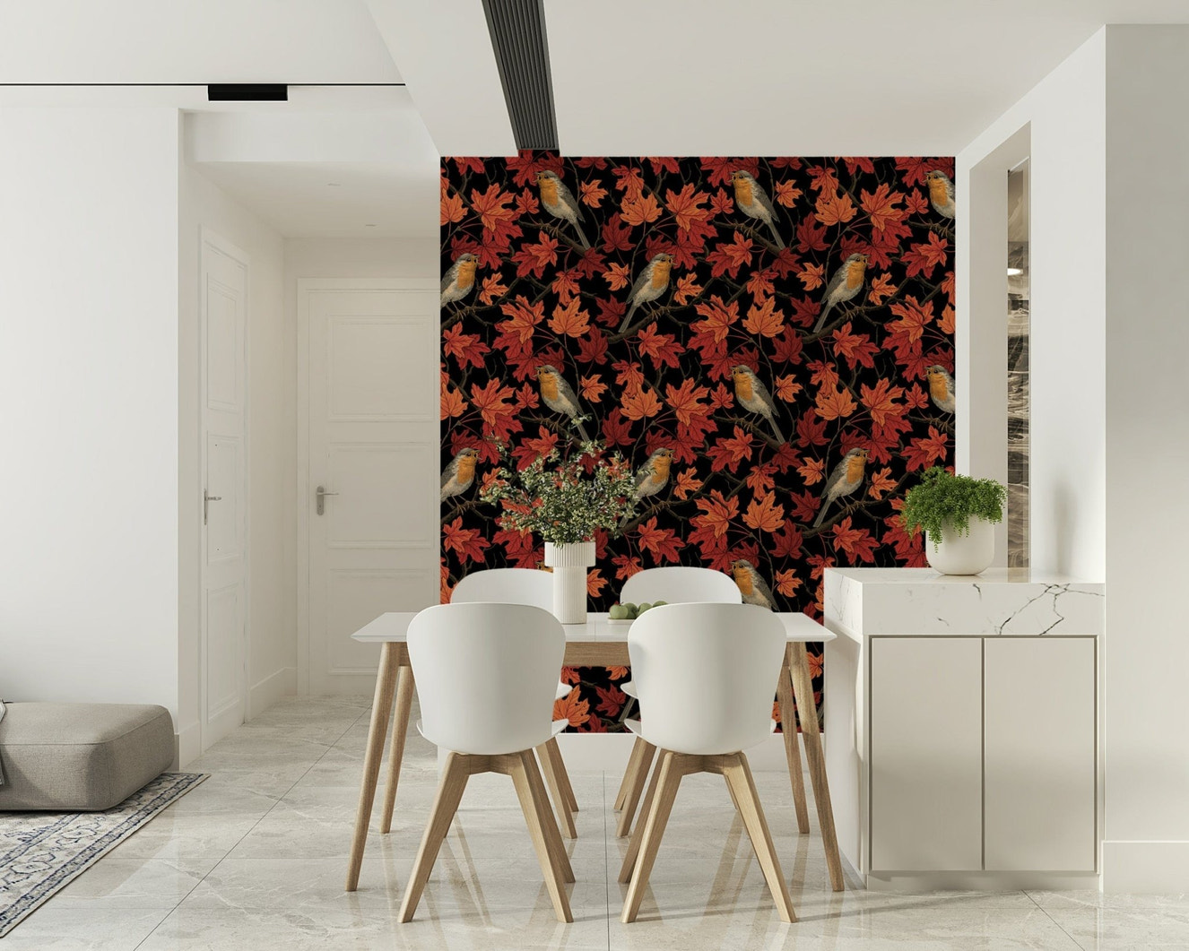 Robins in maple tree on black Wallpaper in a sophisticated den.