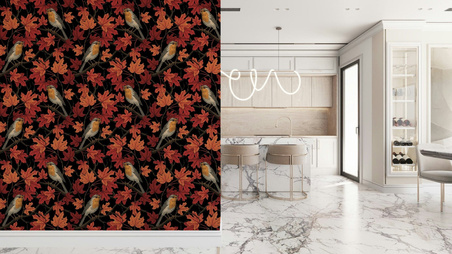 Robins in maple tree on black Wallpaper creating a stunning feature wall.