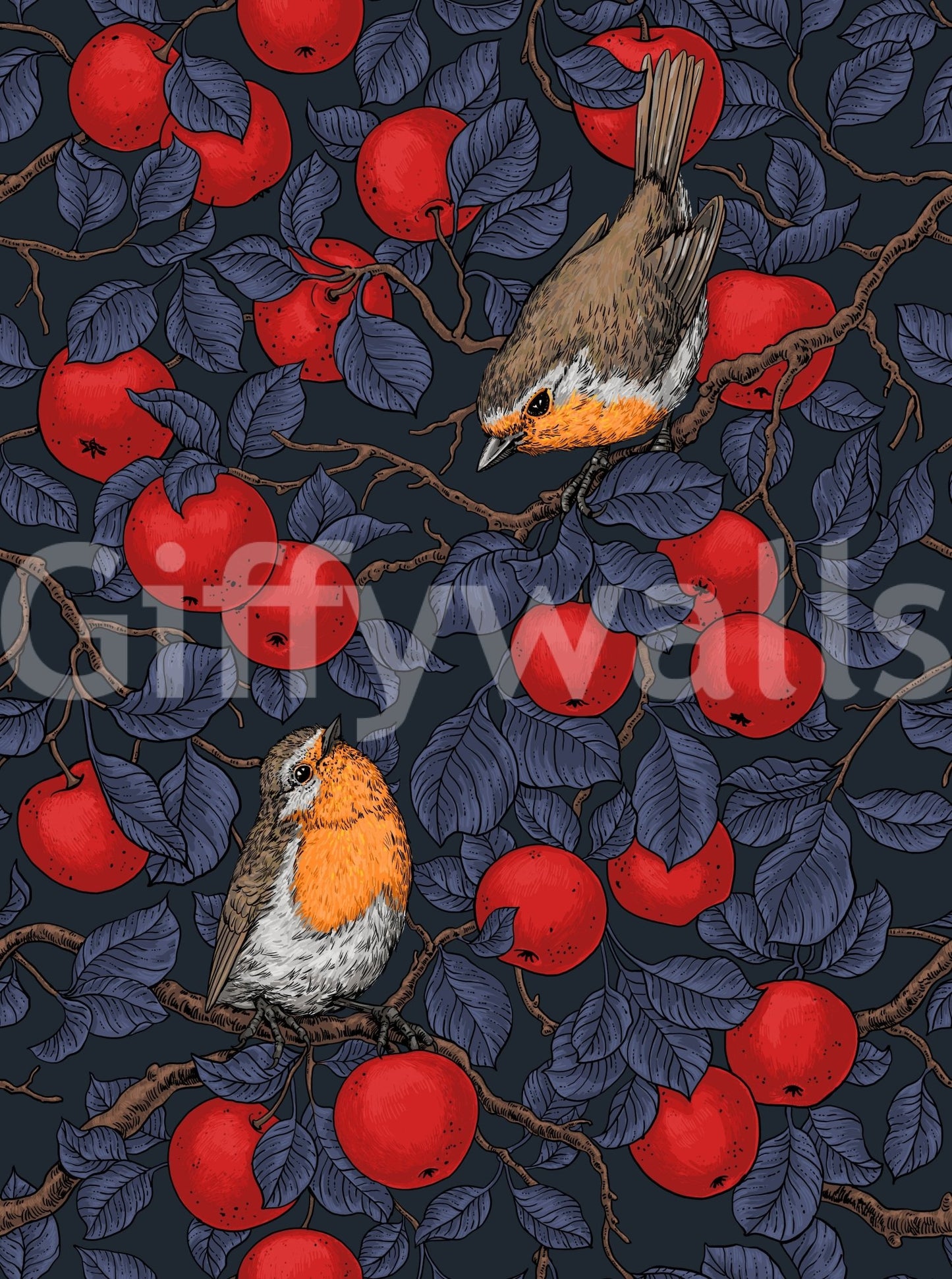 Blue Red Wallpaper with wildlife pattern and apple branch illustration, GD9110