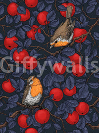 Blue Red Wallpaper with wildlife pattern and apple branch illustration, GD9110