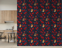 Dining area Robins in the Apple Tree wallpaper with red fruit and blue leaves, GD9110