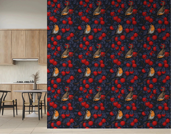 Dining area Robins in the Apple Tree wallpaper with red fruit and blue leaves, GD9110