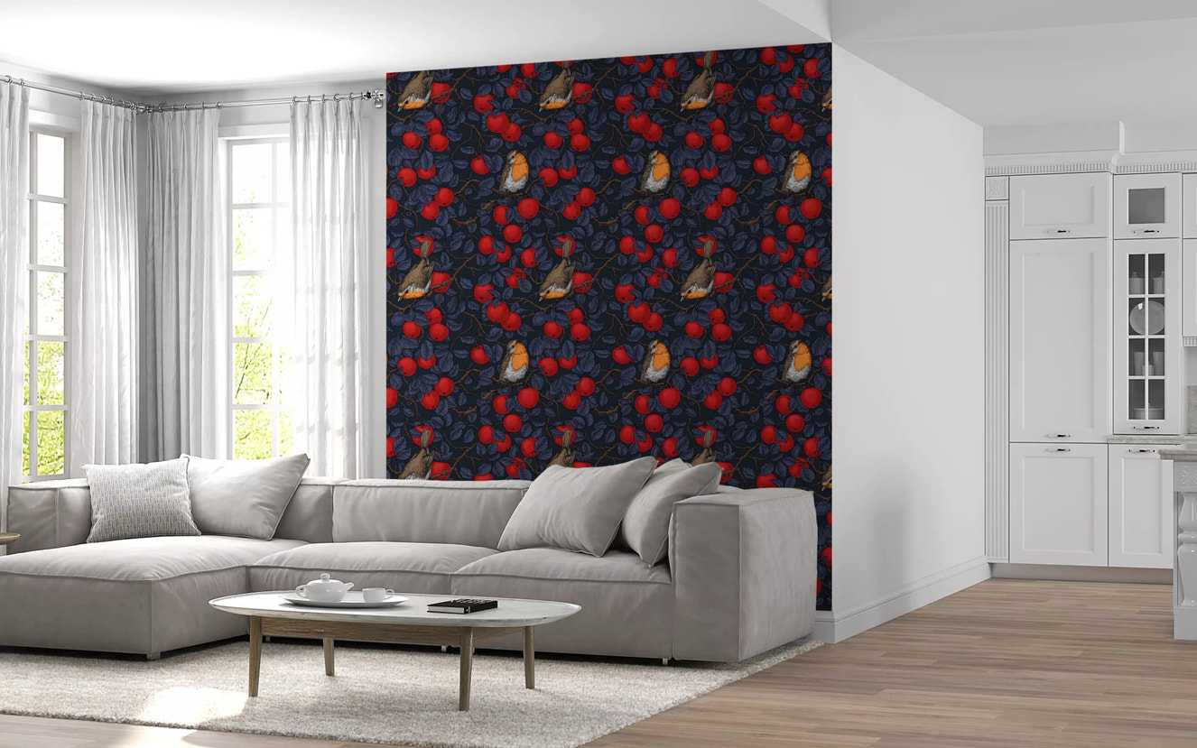 Robins in the apple tree/blue and red Wallpaper⁠