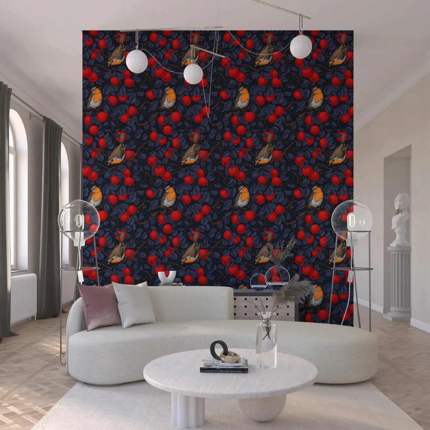 Hallway Robins Apple Tree wallpaper with red apples and branch pattern, GD9110