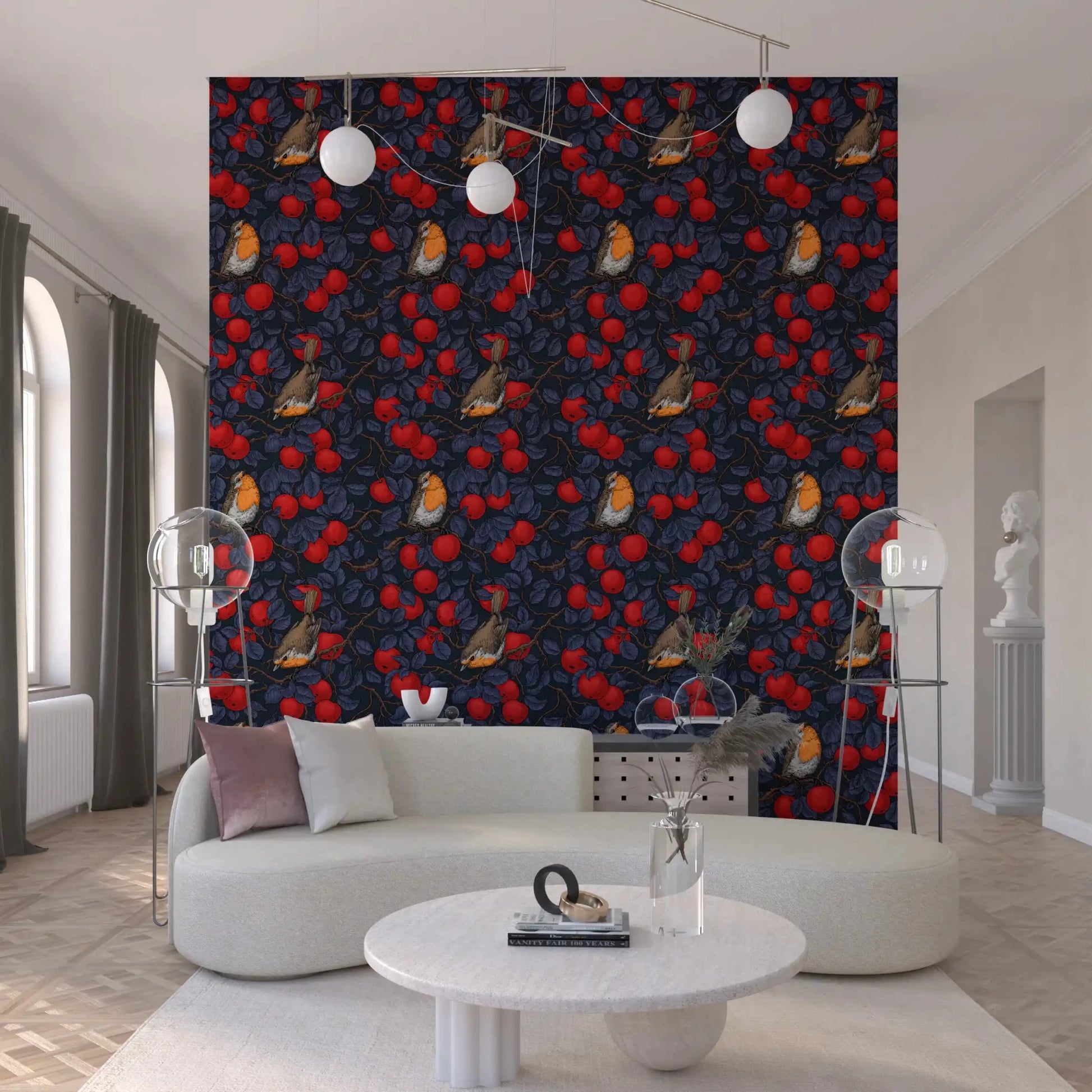 Hallway Robins Apple Tree wallpaper with red apples and branch pattern, GD9110