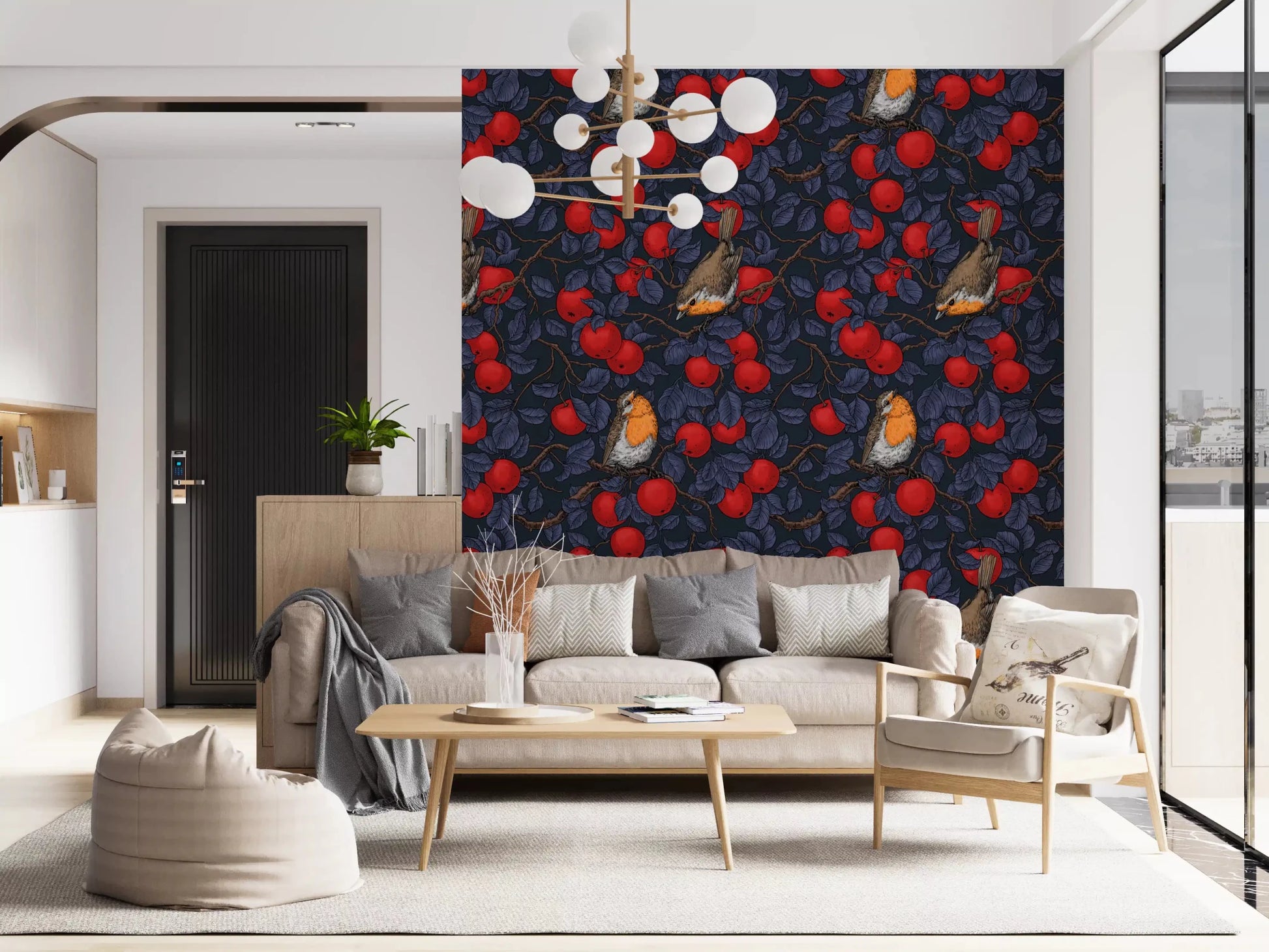 Robins Wallpaper in navy tones with red apples and detailed leaves, GD9110