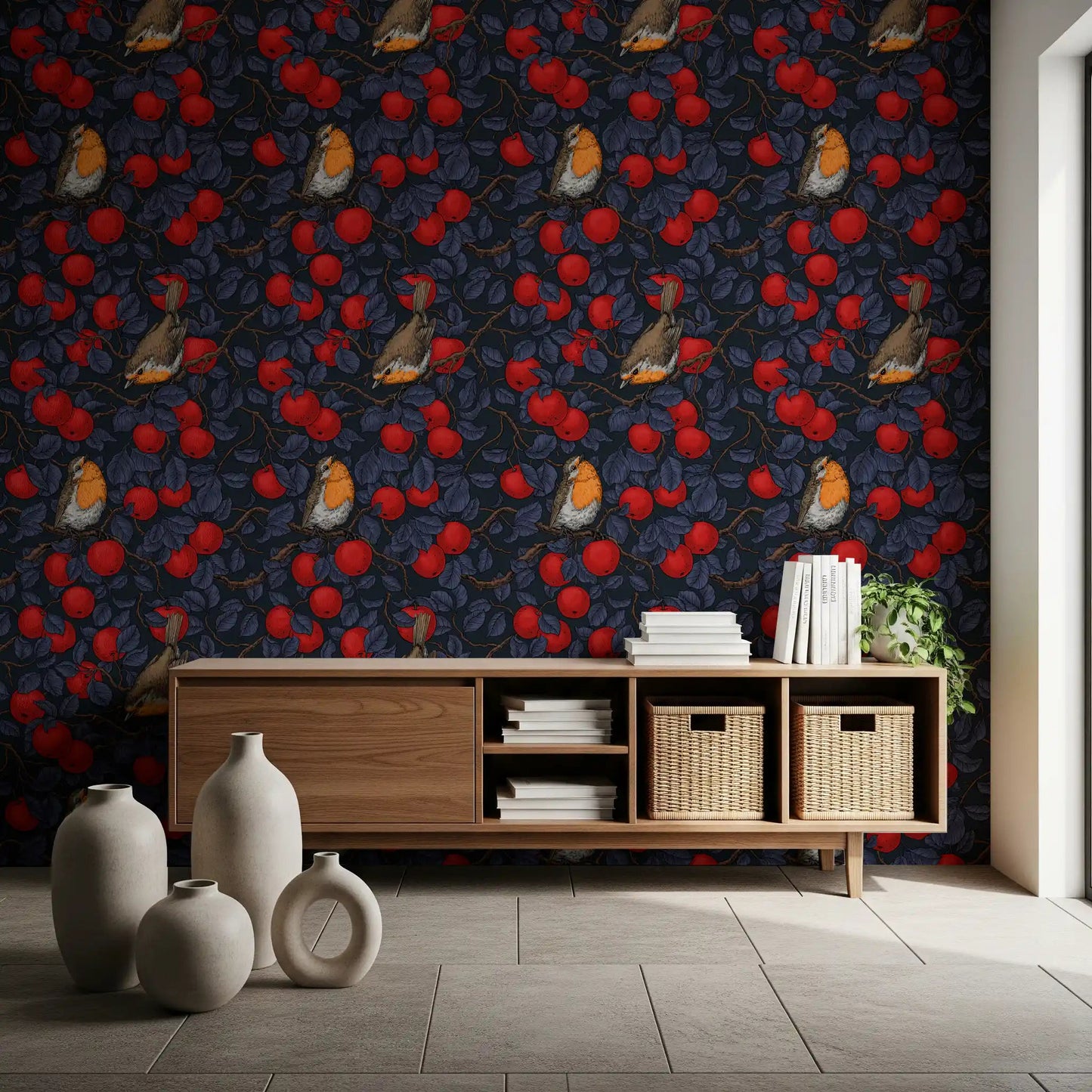 Tree and Robins wallpaper with birds perched among bright orchard fruit, GD9110