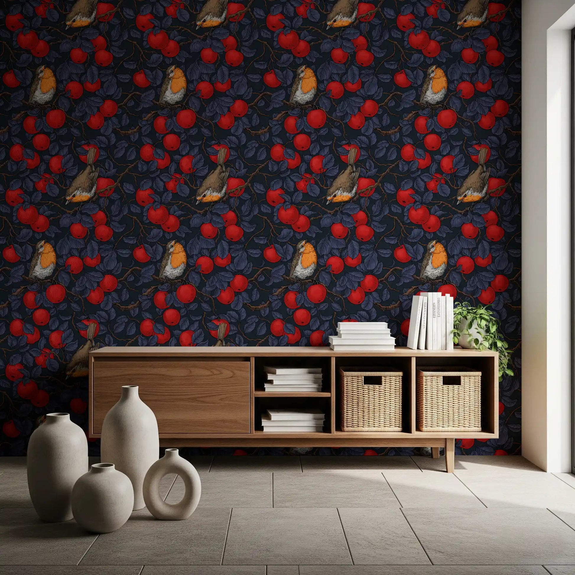 Tree and Robins wallpaper with birds perched among bright orchard fruit, GD9110