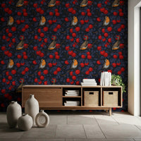 Tree and Robins wallpaper with birds perched among bright orchard fruit, GD9110