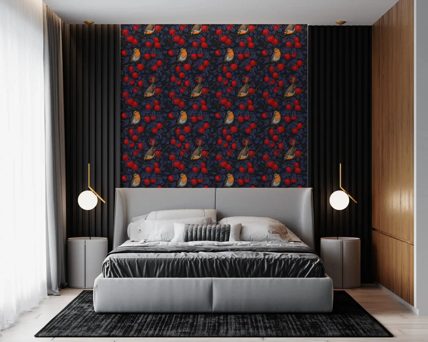 Robins Apple Tree wallpaper with scarlet apples and dark leafy branches, GD9110