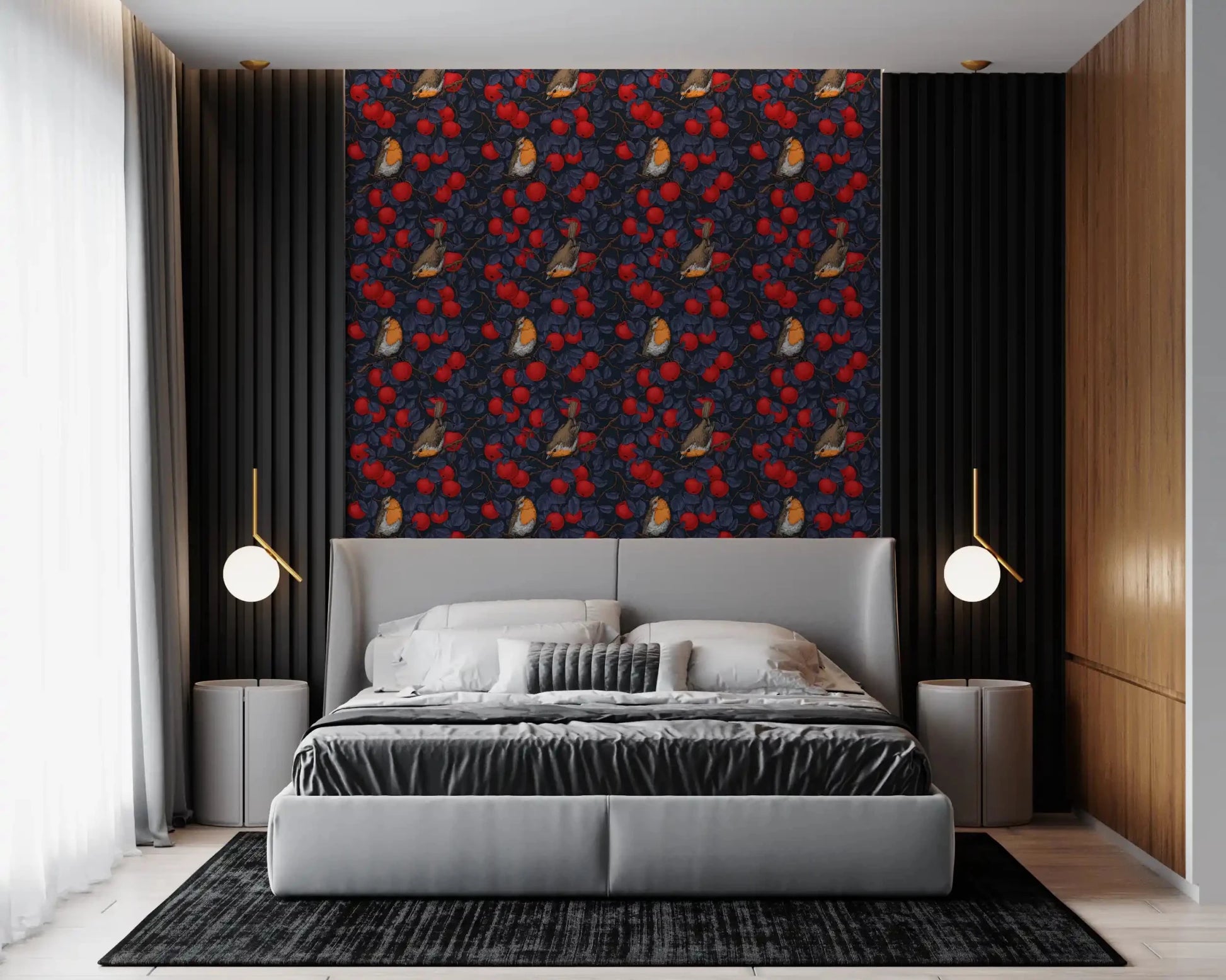 Robins Apple Tree wallpaper with scarlet apples and dark leafy branches, GD9110