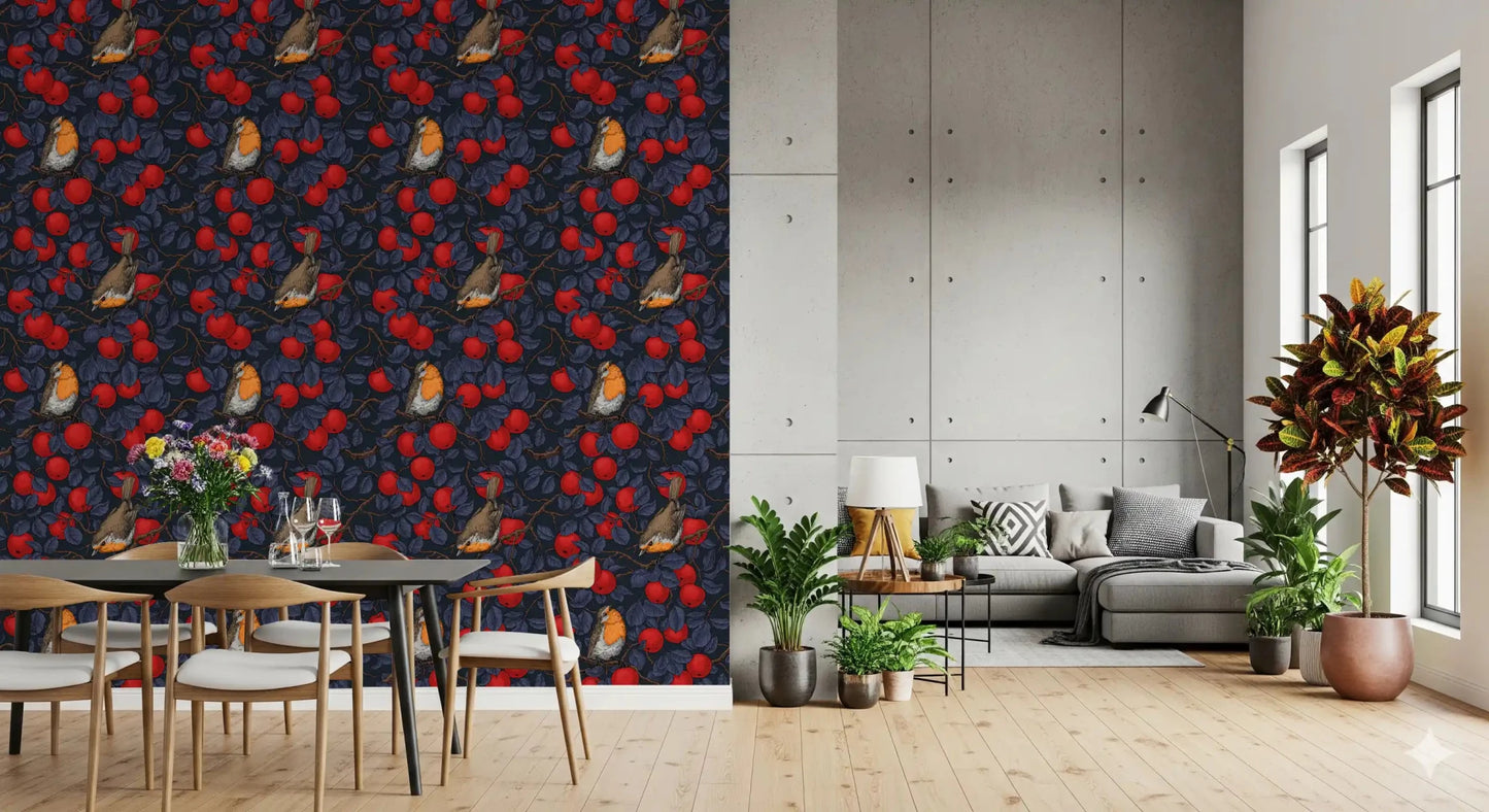 Blue and Red Wallpaper featuring robin birds in a fruit tree repeat, GD9110
