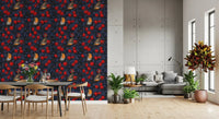 Blue and Red Wallpaper featuring robin birds in a fruit tree repeat, GD9110
