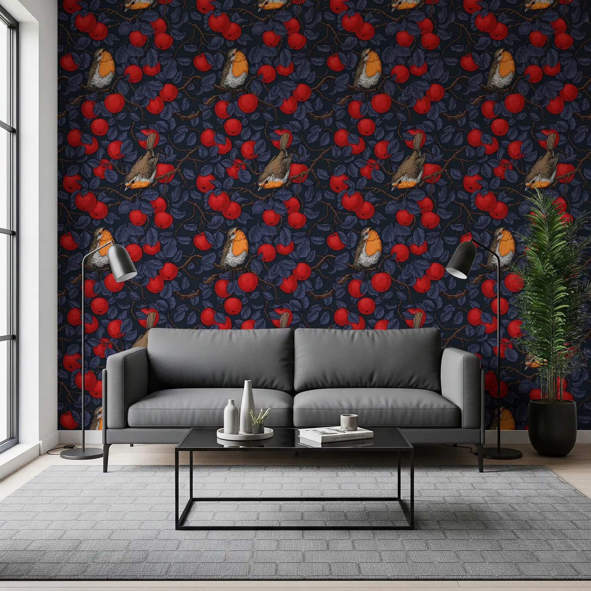 Apple Tree Wallpaper with illustrated robins and rich botanical contrast, GD9110
