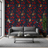 Apple Tree Wallpaper with illustrated robins and rich botanical contrast, GD9110
