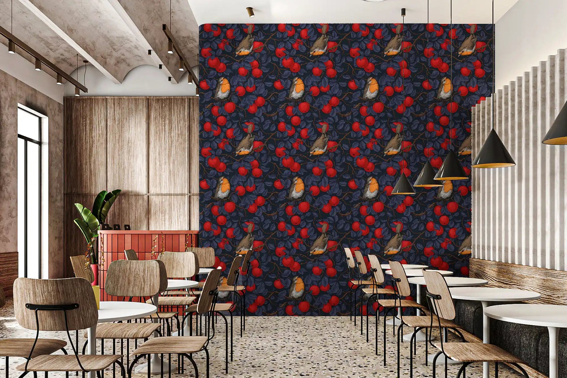 Cafe area Blue and Red Wallpaper with robins and botanical apple design, GD9110