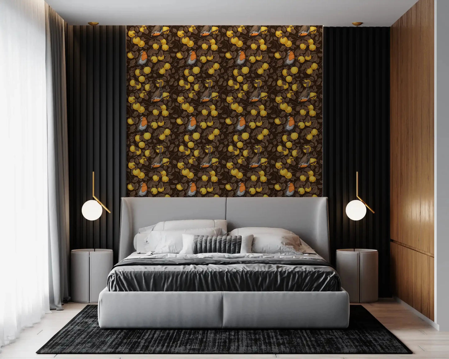 Robins in the apple tree/yellow and dark brown Wallpaper⁠, GD9109