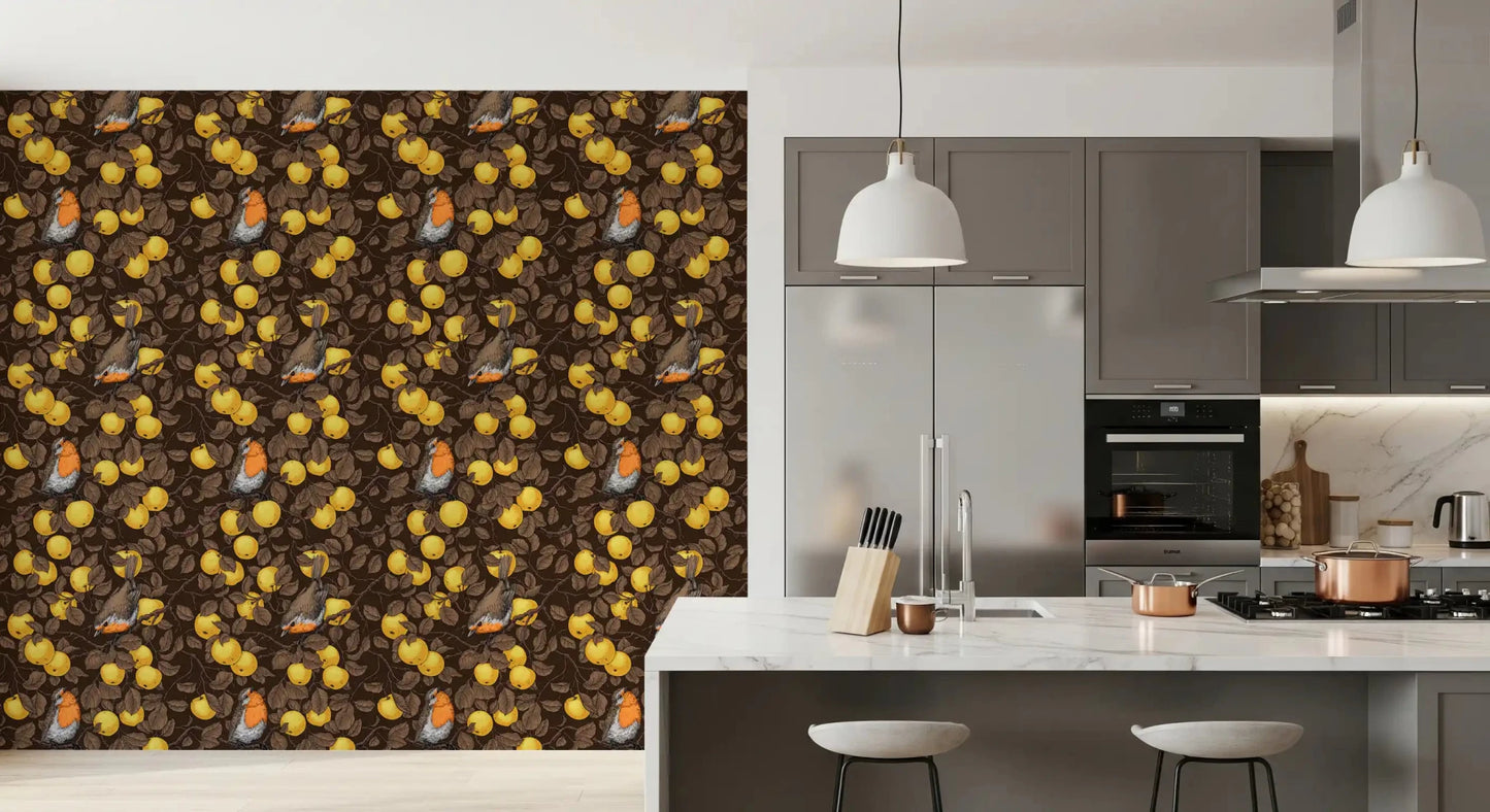 Robins in the apple tree/yellow and dark brown Wallpaper⁠, GD9109