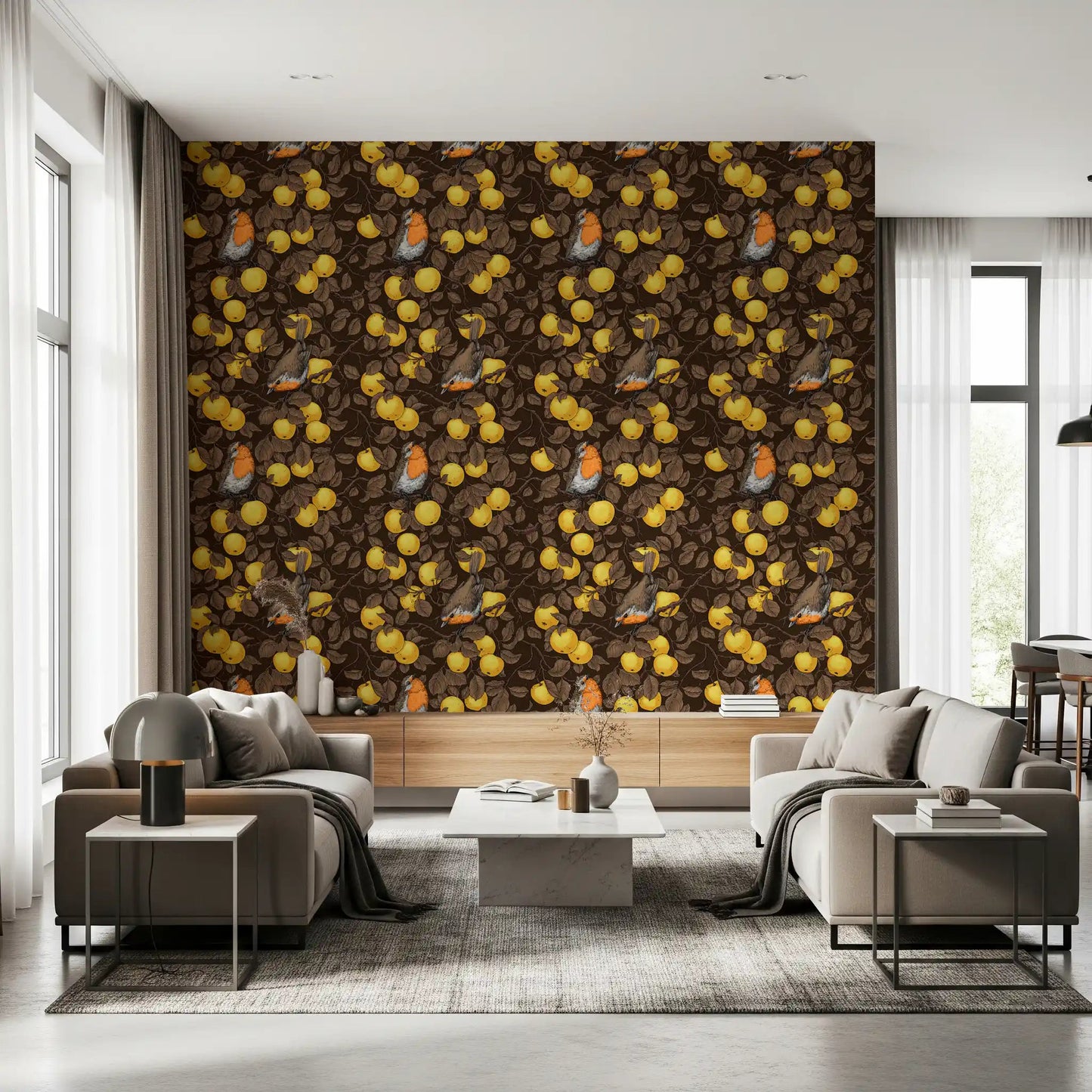 Robins in the apple tree/yellow and dark brown Wallpaper⁠, GD9109