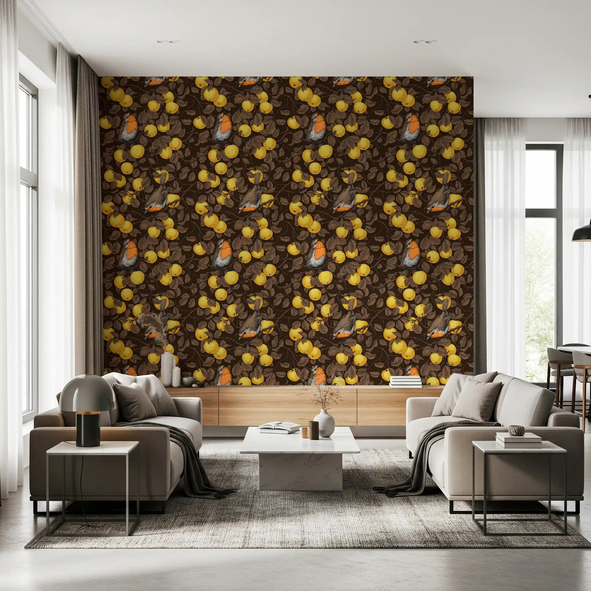 Robins in the apple tree/yellow and dark brown Wallpaper⁠, GD9109