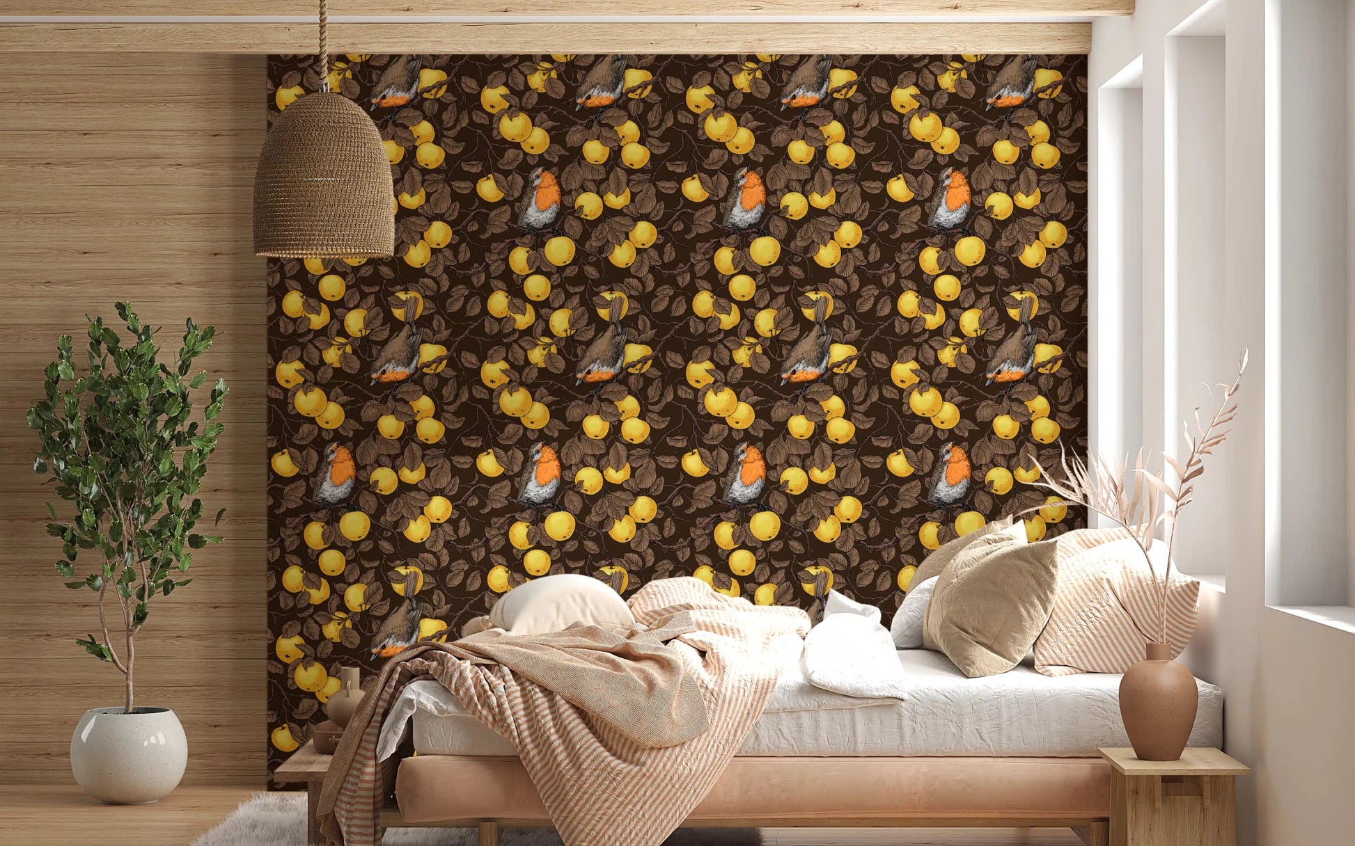 Robins in the apple tree/yellow and dark brown Wallpaper⁠, GD9109