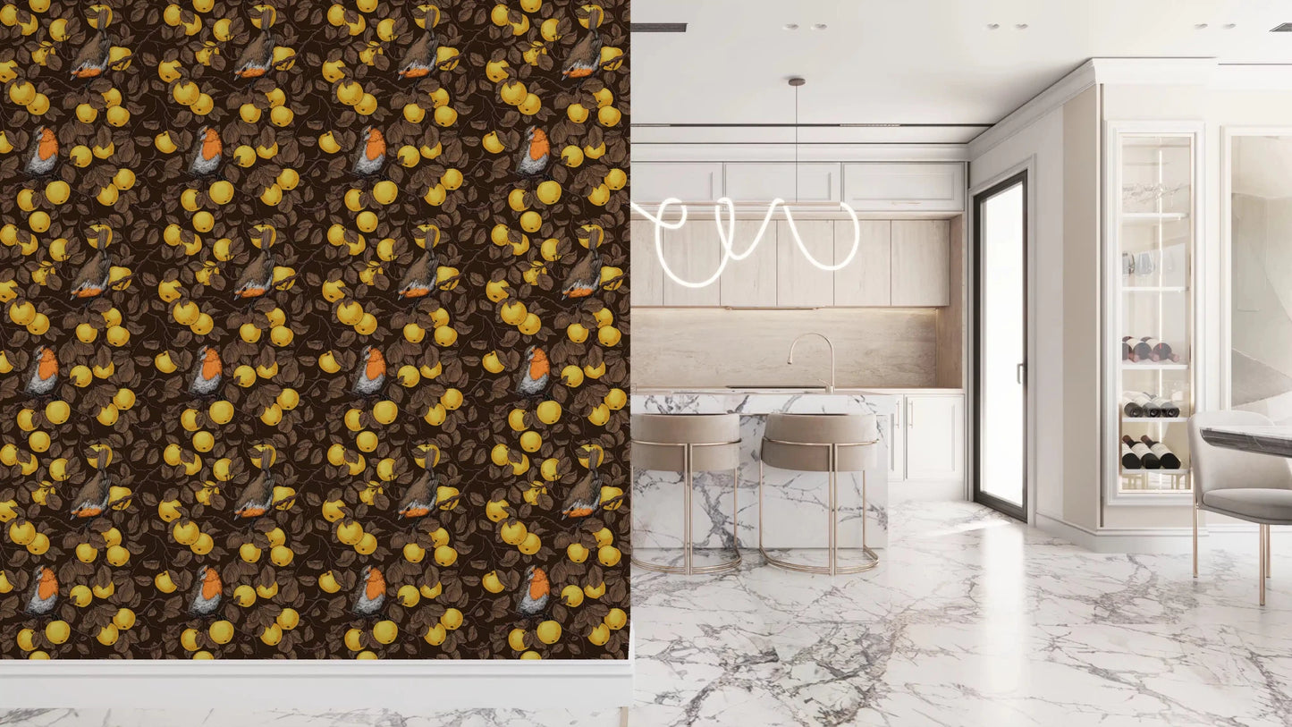Robins in the apple tree/yellow and dark brown Wallpaper⁠, GD9109