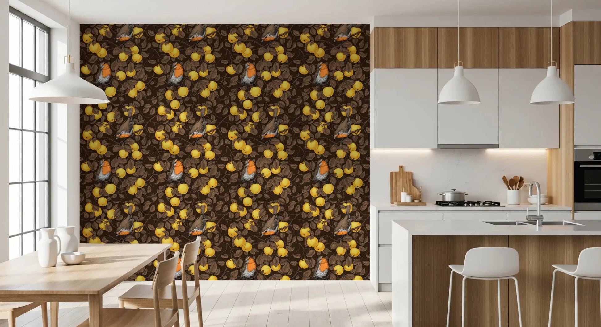 Robins in the apple tree/yellow and dark brown Wallpaper⁠, GD9109