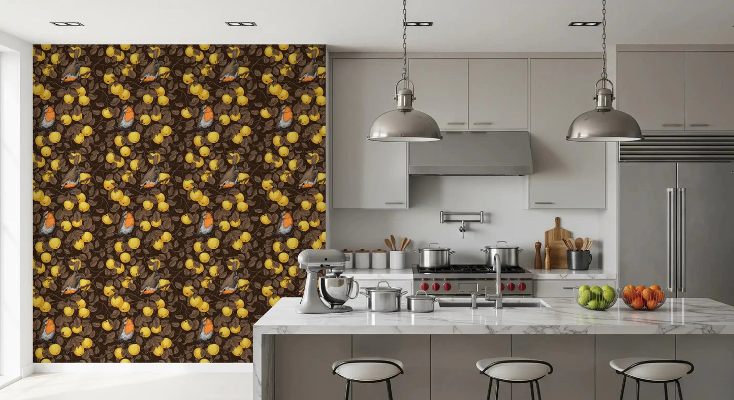 Robins in the apple tree/yellow and dark brown Wallpaper⁠, GD9109
