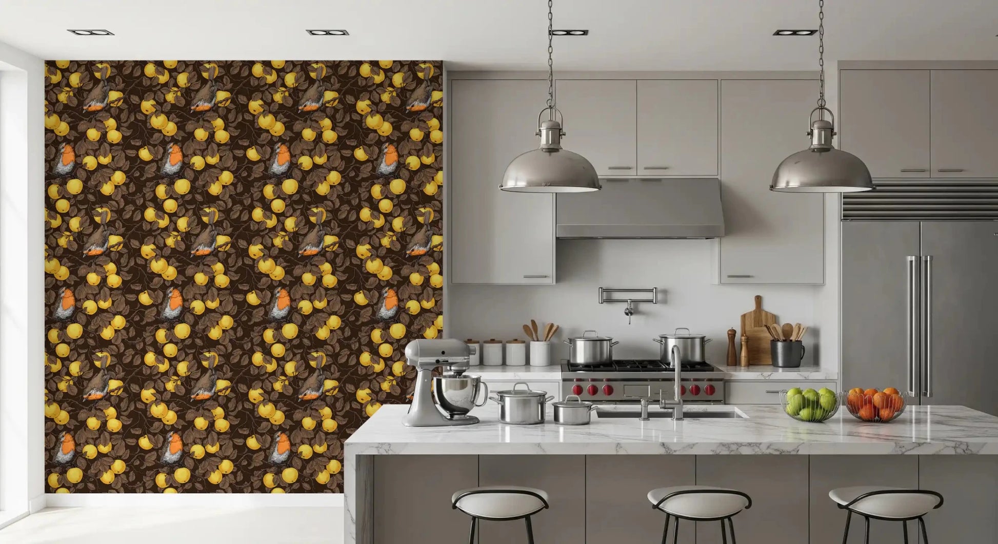 Robins in the apple tree/yellow and dark brown Wallpaper⁠, GD9109