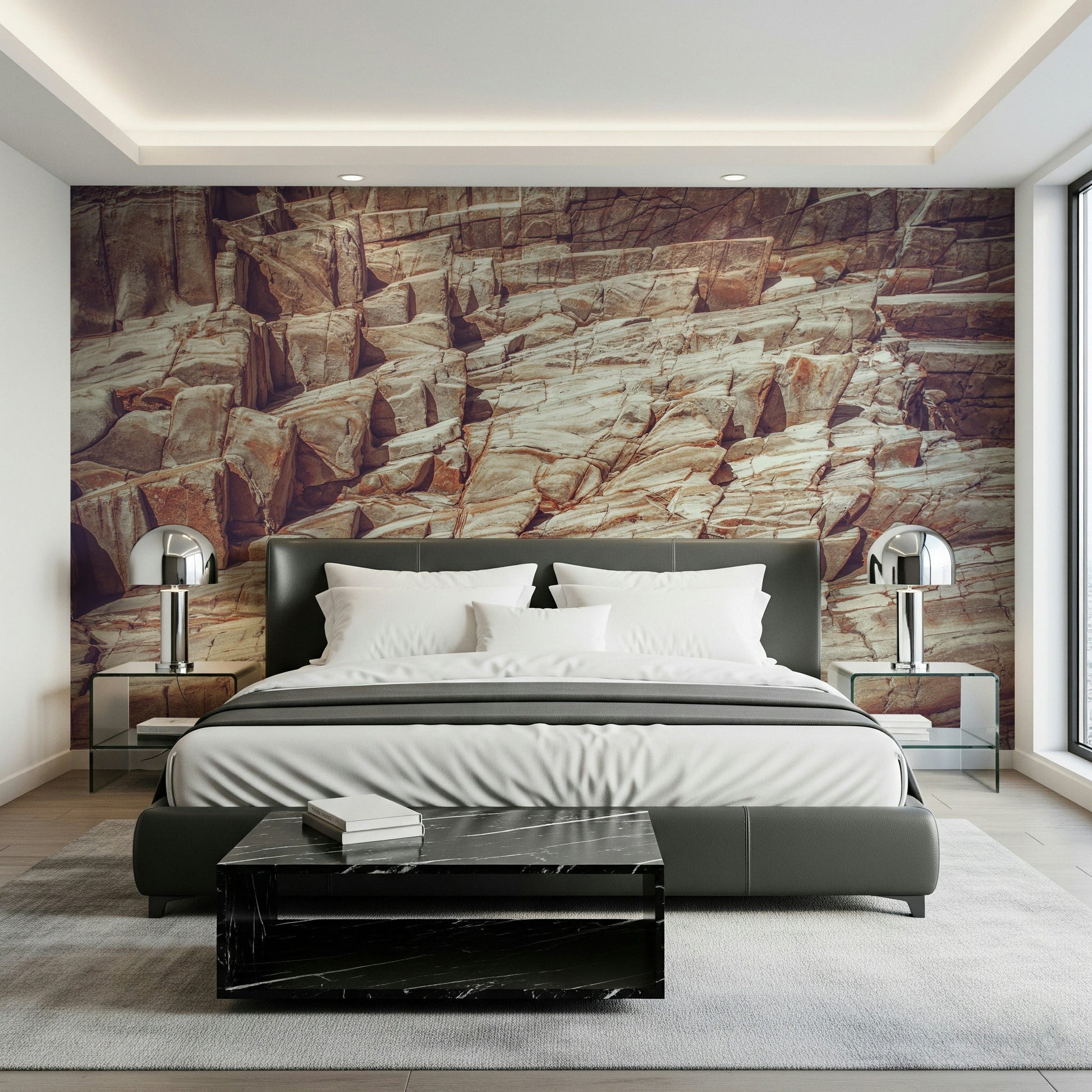 Interior showing the subtle shading of the Rock Wall Mural.
