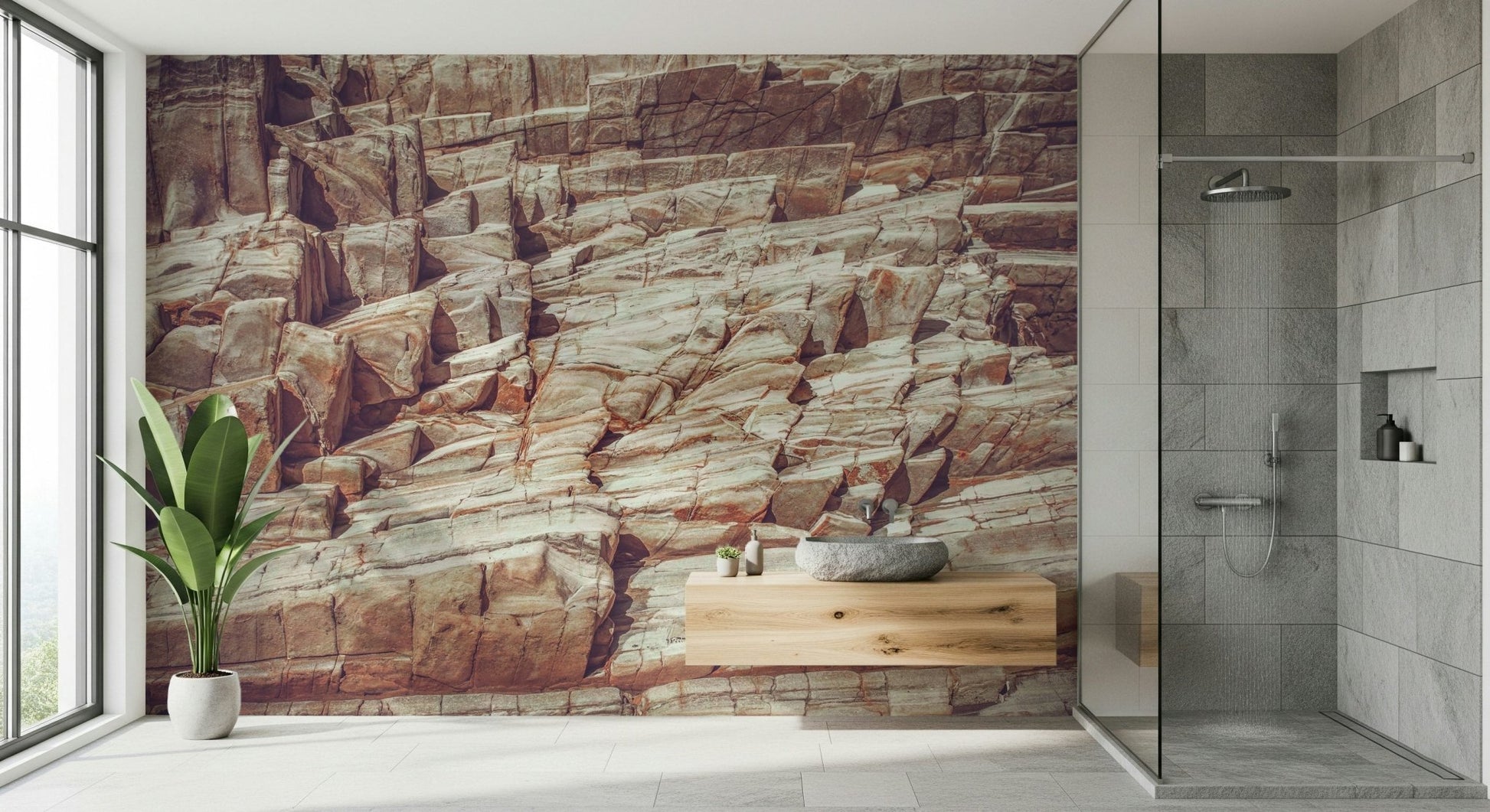 Rock Wall Mural detail behind office shelving unit.