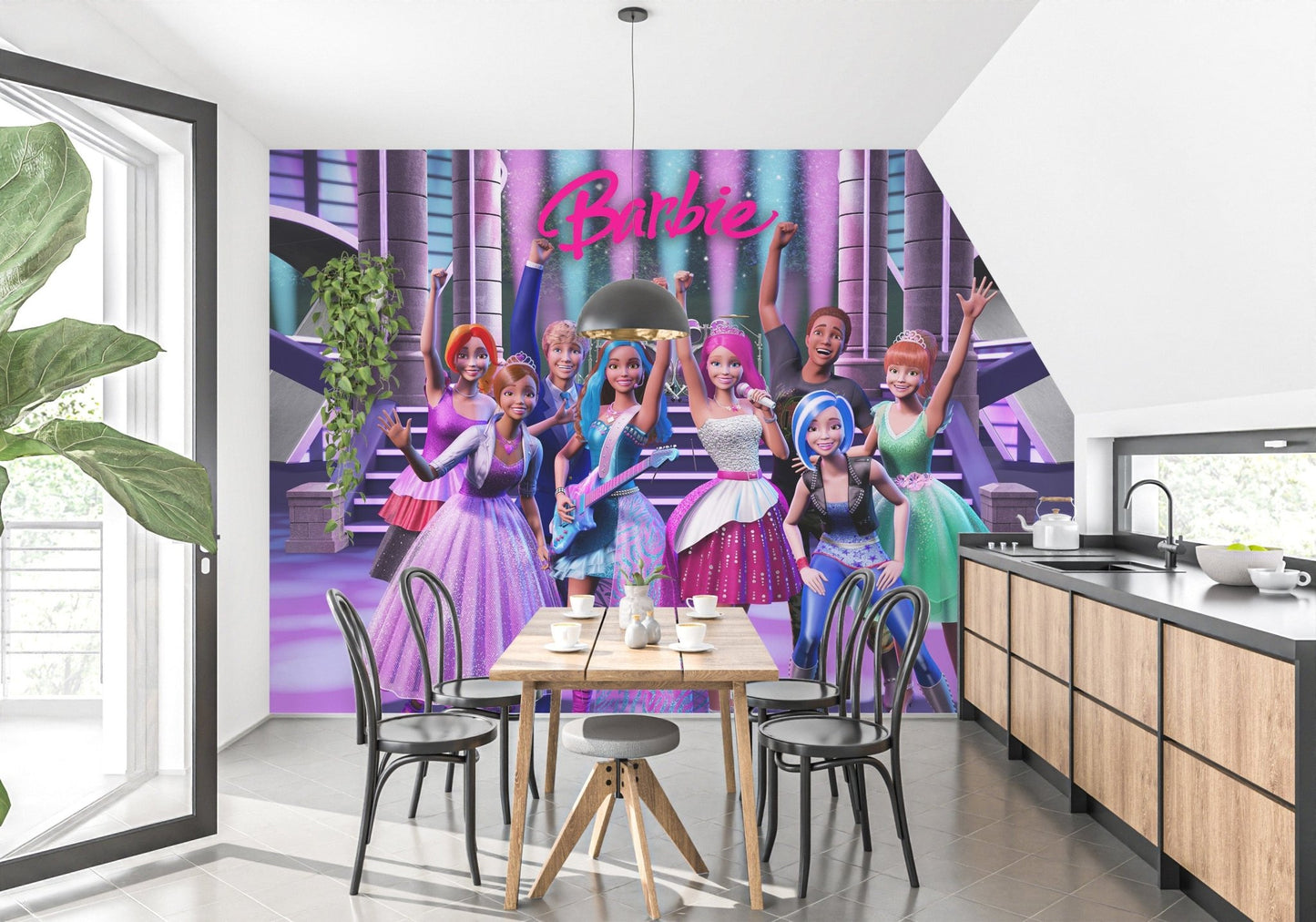 Colorful Barbie rockstar princess mural for kids' spaces
