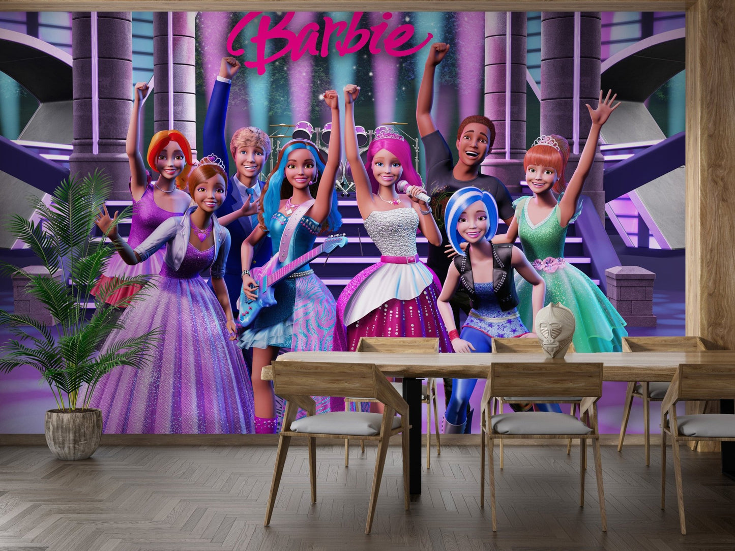 Fun Barbie rockstar princess mural for girls' bedrooms

