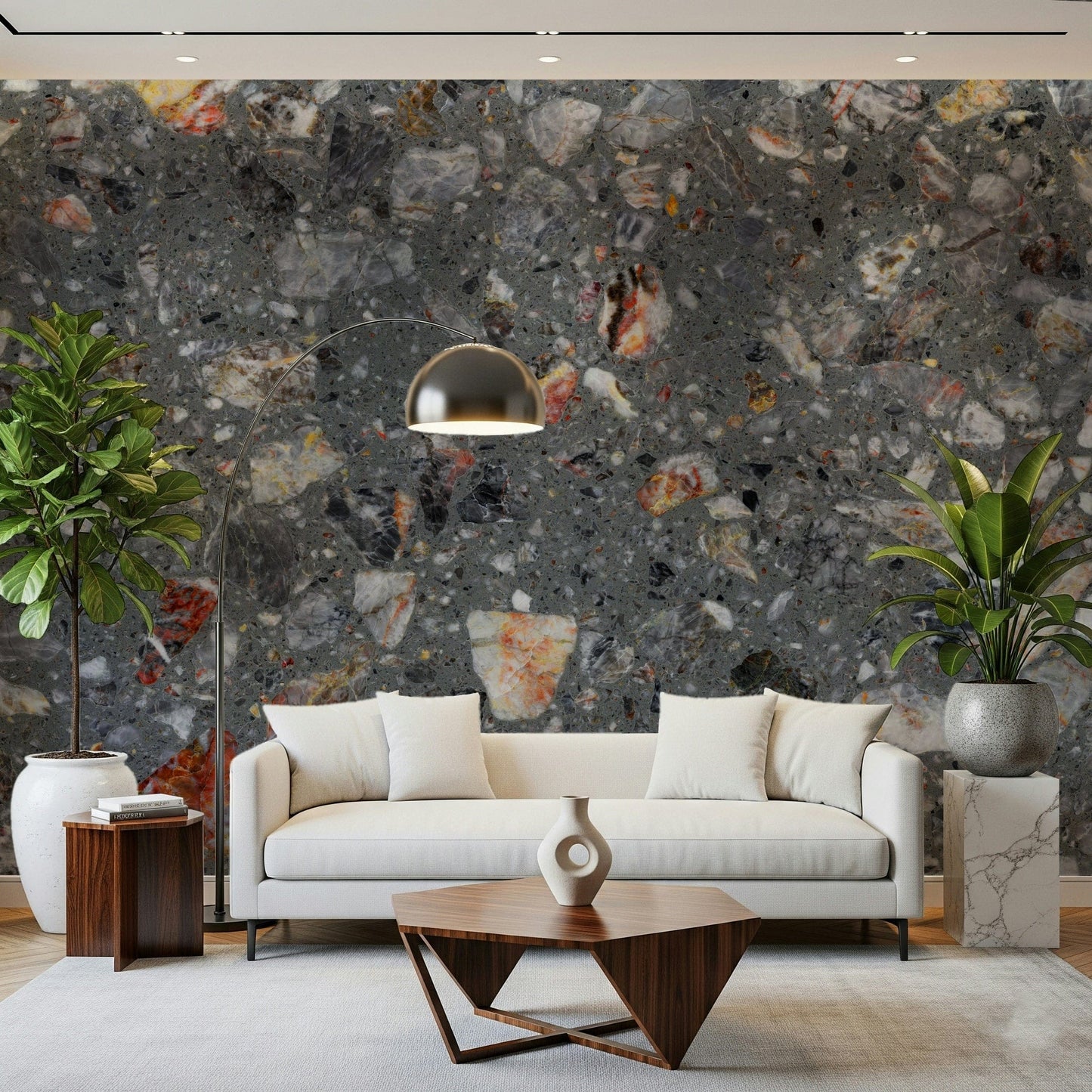 Rocky Grey wall mural showcasing aggregate and marble fragments.