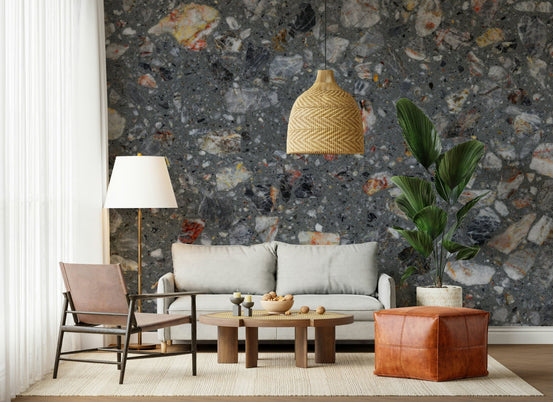 Rocky Grey Texture Natural Tile Look wall mural, dark terrazzo stone pattern wallpaper for modern interiors., GD6819