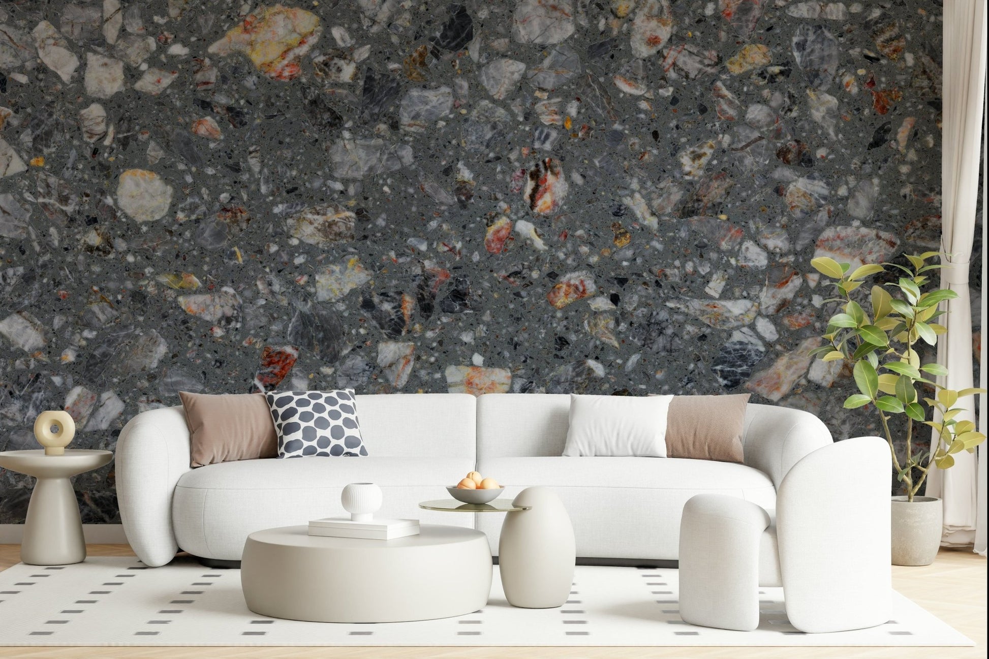 Wallpaper for walls, dark grey base with varied colorful flecks.