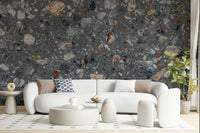 Wallpaper for walls, dark grey base with varied colorful flecks.