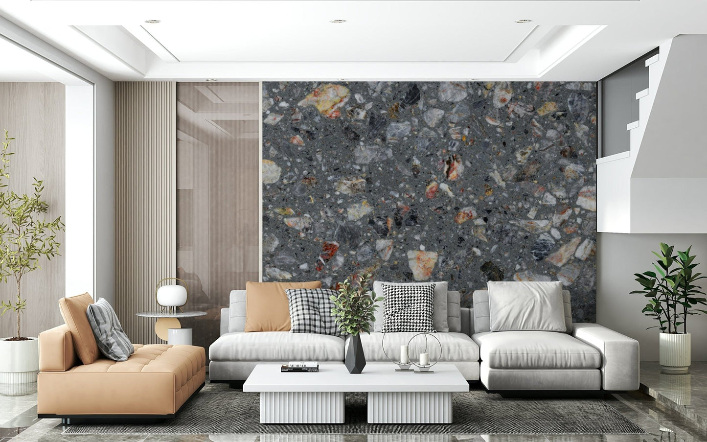 Mural wallpaper featuring a mosaic of speckled dark stones.