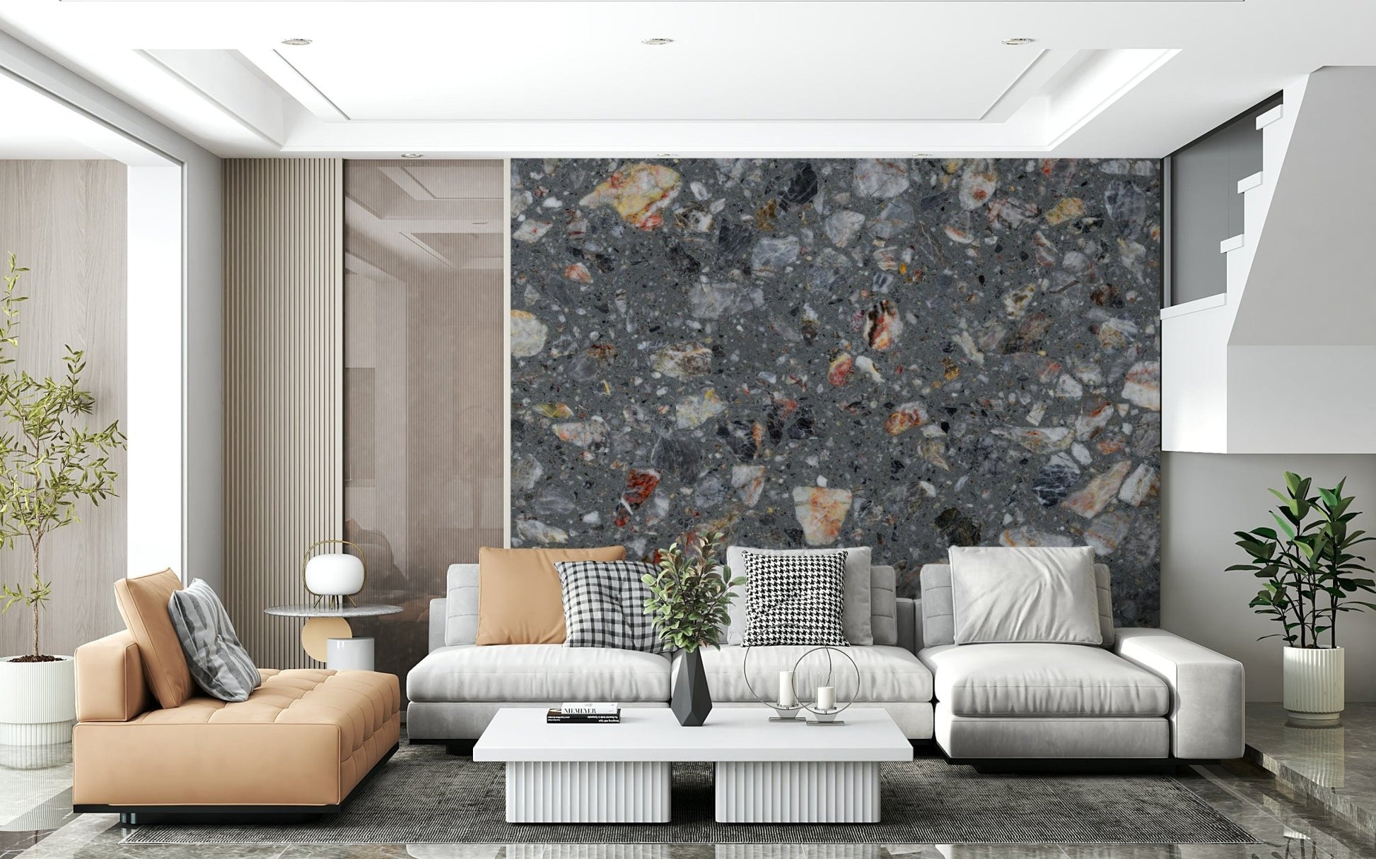 Mural wallpaper featuring a mosaic of speckled dark stones.