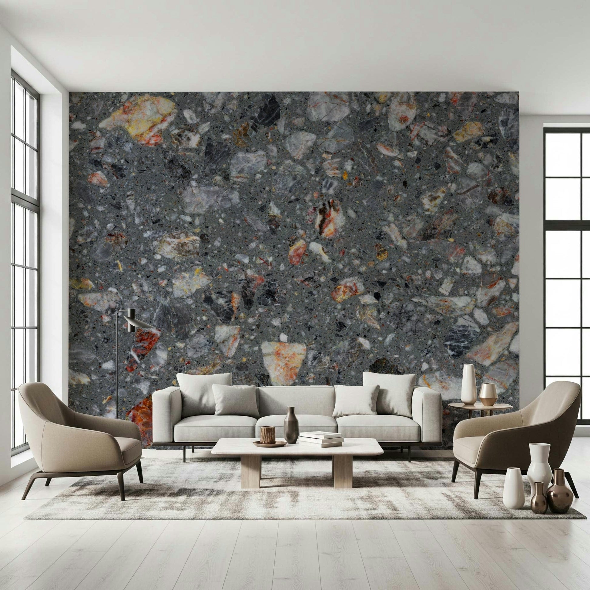 Dark grey wallpaper with multicolored, angular rock inclusions.