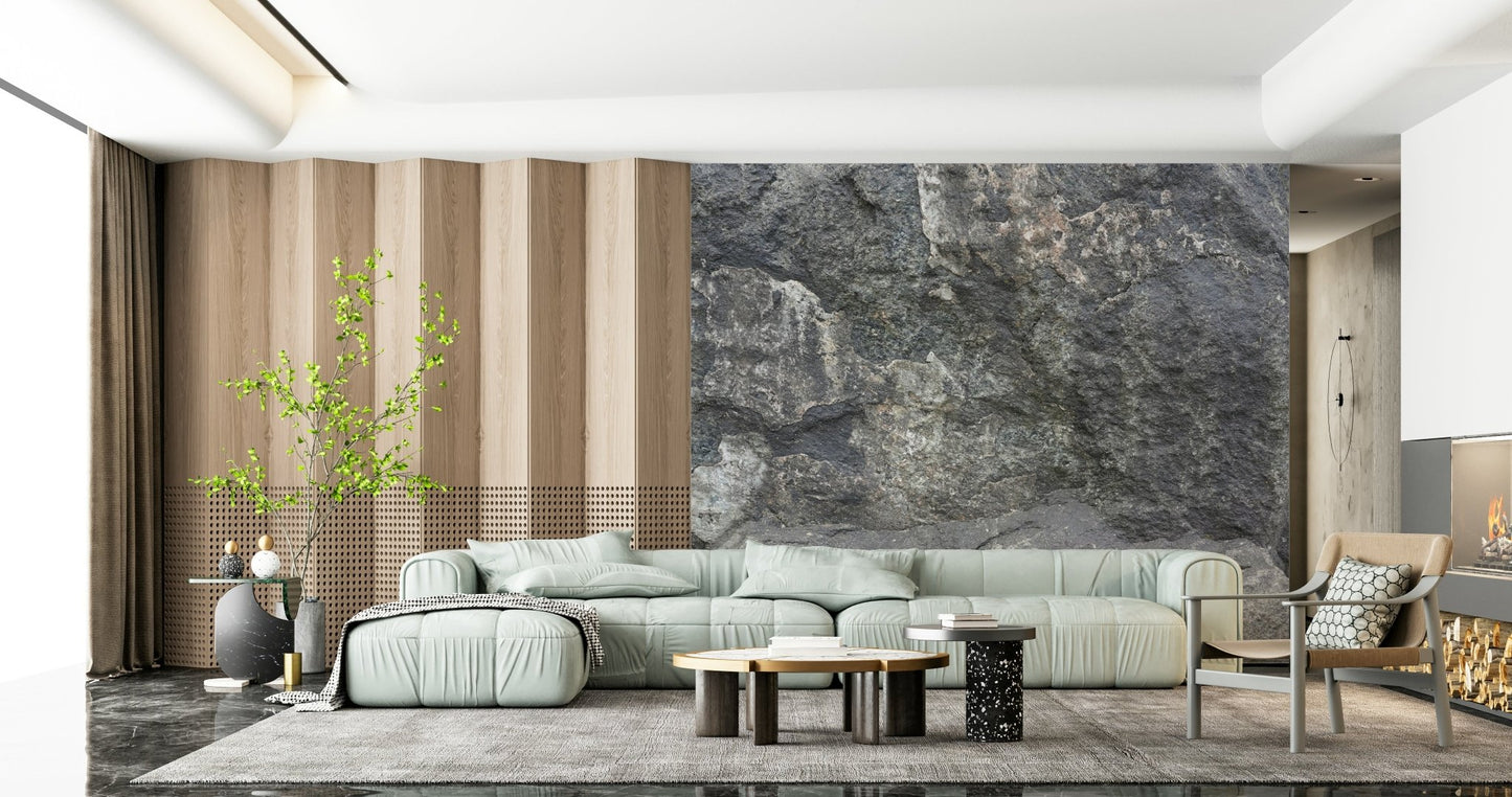 Dining room with a stunning rocky surface mural.