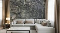 Rocky surface wallpaper mural behind a rustic sofa.