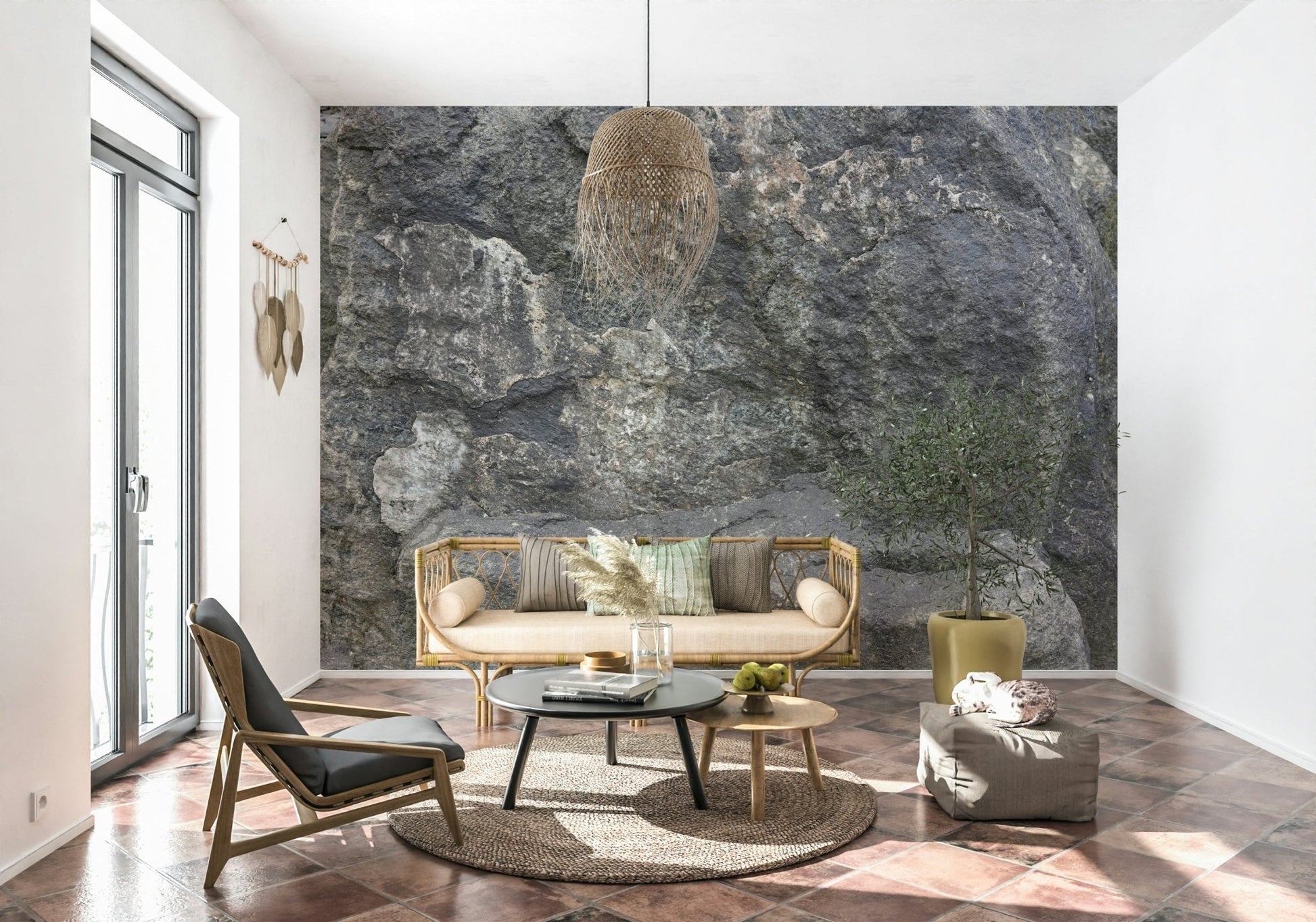 Earthy office design featuring a rocky surface wall.