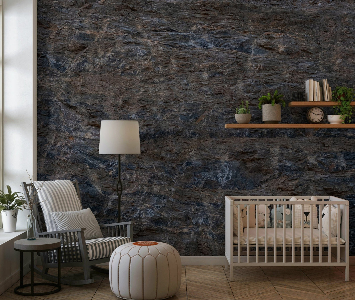 Entryway accent wall with the rugged Rocky Terrain peel and stick wallpaper., GD6145