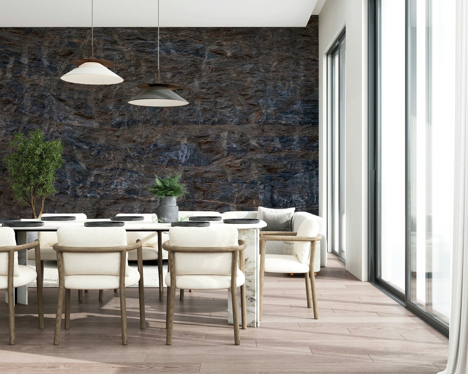 Full living room featuring the imposing Rocky Terrain Wall Mural., GD6145